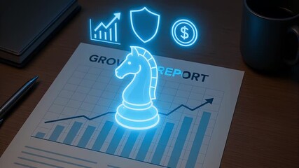Growth report chess knight strategy finance profit chart bar graph upward arrow shield glowing hologram wooden desk dollar sign rising profit investment confidence upward trend - Powered by Adobe