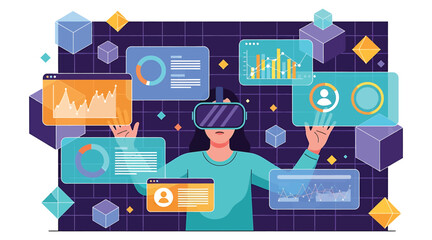 Vector art of a woman wearing a vr headset interacts with floating data visualizations, exploring virtual reality and data analysis in a futuristic, immersive digital environment