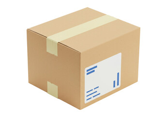 Isolated cardboard box with tape and shipping label; package sealed for shipping and delivery