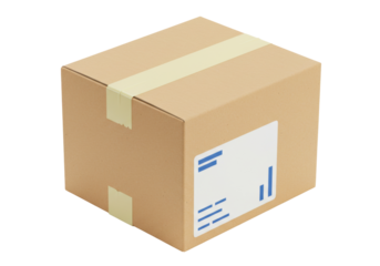 Isolated cardboard box with tape and shipping label; package sealed for shipping and delivery