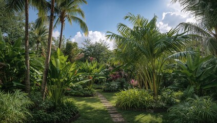 Fototapeta premium A Distinctive Private Garden Featuring Palm and Banana Trees as Key Highlights