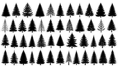 Many abstract evergreen trees in a grid pattern, some adorned with dots, against a dark background