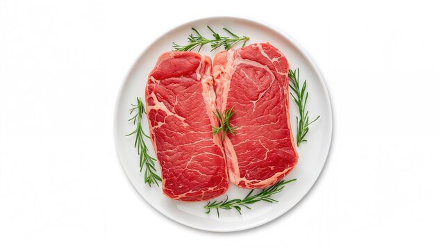 Raw Top Blade or Flat Iron Roast Beef Steaks with Herbs on a Plate, White Background, Overhead Shot, Copy Space