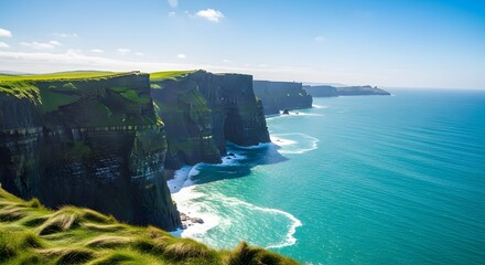 Breathtaking view of the cliffs of moher on a sunny day in ireland