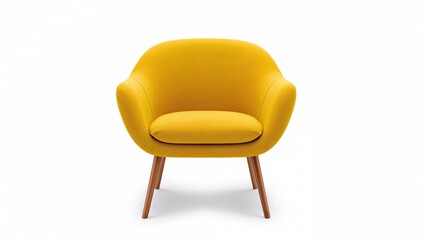 Fototapeta premium Contemporary yellow upholstered chair featuring wooden legs, displayed from the front on a white backdrop.