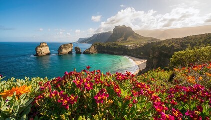 Floral foreground showcasing a stunning peninsula landscape in an island region