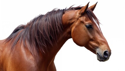 Fototapeta premium Close-up of a dark brown horse against a white backdrop