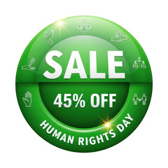 Human rights day sale badge isolated on transparent background a green badge with a 45 off discount for human rights day, featuring related icons