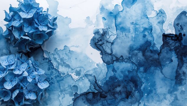 Overhead shot of an artistic ink backdrop featuring a creative portrayal of blue Hydrangea blossoms and empty space for text.