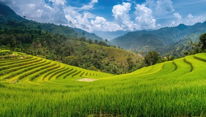 Lush green rice terraces cascading down the hills with a mountainous backdrop