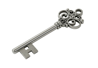 Isolated antique silver key, vintage object for a secret door or treasure chest, ornate