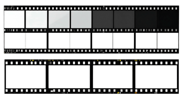 Grayscale & empty film strips on black, show different light levels, creating vintage cinematic aesthetic