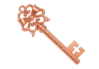 Isolated elegant vintage key with ribbon and swirling details, antique look bronze color