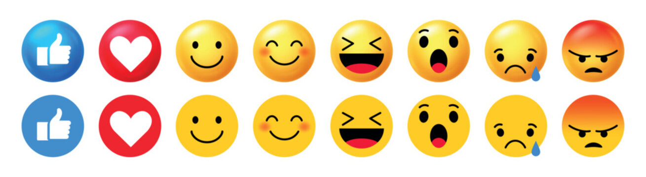 3D emoji reaction icons including like, love, laugh, wow, sad, and angry faces. Modern emoticon set for social media engagement, chat, and digital communication design.