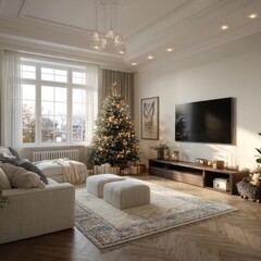 Fototapeta premium Christmas classic living room with neutral tones