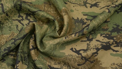 Obraz premium Olive silk textile with abstract patterns, copyrighted print, camouflage fleece material, perfect for military-inspired designs, texture and style