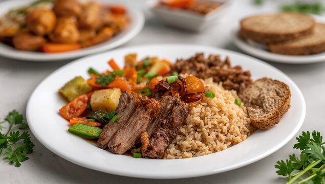 Traditional Indonesian dish nasi liwet paired with empal daging, featuring brown rice and a variety of vegetables