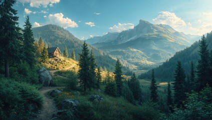 Mountain scenery with a home along natural paths