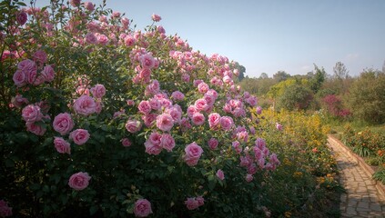 Obraz premium Lovely Cluster of Pink Roses Blooming in a Springtime Garden