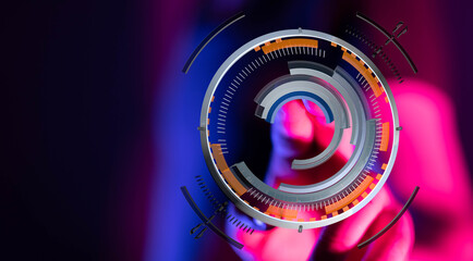 Futuristic UI element with hand interacting, representing innovation and technology. Ideal for tech themes, digital concepts, and innovative des