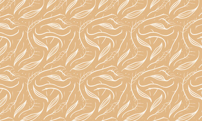 Elegant seamless abstract pattern with hand drawn wavy lines and foliage, Vector subtle texture background in neutral beige and white