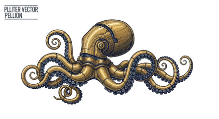 Intricate steampunk octopus with brass gears and tentacles, a captivating mechanical marvel ready for your next creative project. © Dulitha