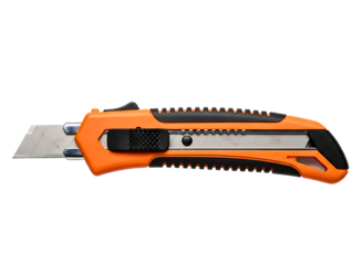 Orange utility knife with retractable blade isolated on transparent background