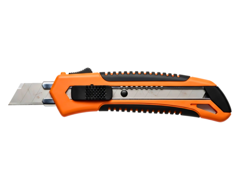 Orange utility knife with retractable blade isolated on transparent background
