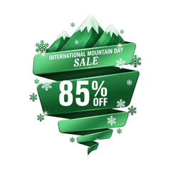 International mountain day sale banner isolated on transparent background with 85 off discount and snowy mountain peak for winter holiday promotion