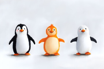 Obraz premium Three Cute Cartoon Characters Two Penguins and an Orange Bird.
