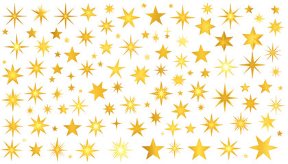 Many golden starbursts of various shapes and sizes are scattered across a solid black background