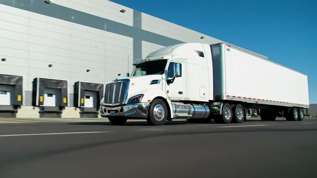 pristine white chrome semitruck, reflective trailer, low-angle tracking video on dark highway past vast logistics warehouse under harsh sun. Industrial efficiency concept.