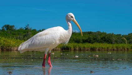 White ibis wading in a natural water habitat, showcasing its plumage in an outdoor setting, side perspective