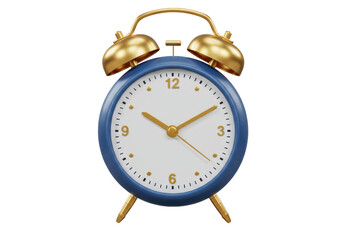 Isolated metallic alarm clock, blue bezel, golden hands, showing the time, wake up