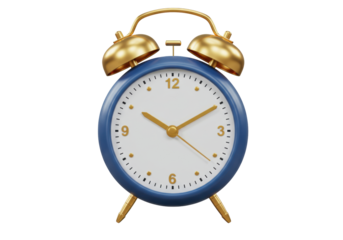 Isolated metallic alarm clock, blue bezel, golden hands, showing the time, wake up