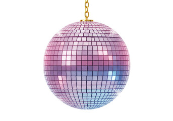Isolated Disco Ball with Gold Chain, Hanging Sphere with Pink and Blue Mosaic Tiles