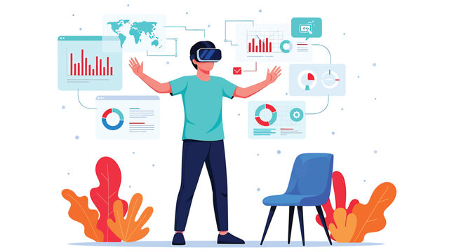 Vector art of man with vr glasses interacting with data charts and world map, representing virtual reality and data analysis in modern technology