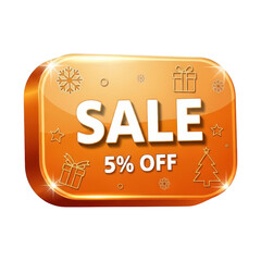 Christmas sale with 5 off on an orange badge isolated on transparent background, offering a festive discount for the holiday season