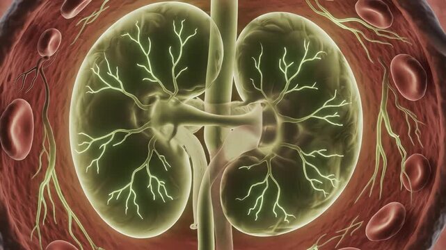 Anatomy rendering of human kidneys showing blood vessels and structure