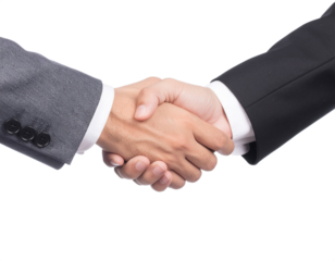 Two businessmen shaking hands firmly in a symbol of trust partnership agreement and successful deal isolated on transparent background