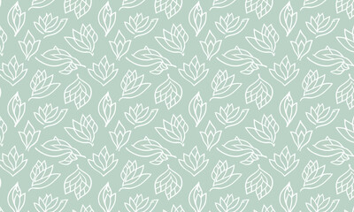 Elegant hand drawn seamless pattern with floral and leaf outlines,Vector botanical line art background in sage green