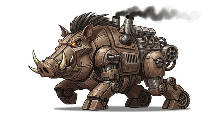 Powerful steampunk wild boar robot charging forward with steam emitting from its back, showcasing intricate mechanical design and aggressive stance