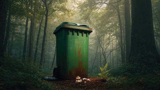 Large green waste bin placed in woodland, symbolizing eco-friendly awareness