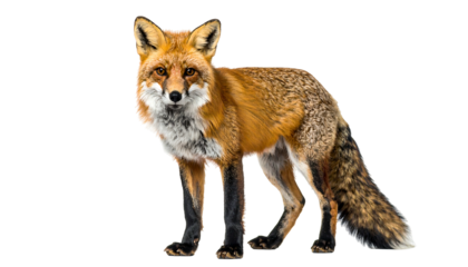 Standing red fox with white chest patch, against black background, with pointy ears and reddish fur