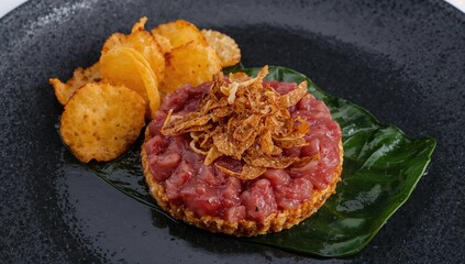 Marbled veal tartare served on a crispy cabbage leaf, garnished with truffle shavings and accompanied by rice chips