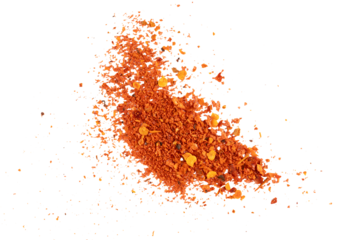 Flying ground red chili powder with crushed flakes, vibrant spicy paprika texture, hot pepper seasoning burst for culinary design and exotic food concept illustration