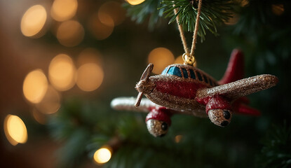 Close up of airplane ornament hanging on Christmas tree with bokeh background