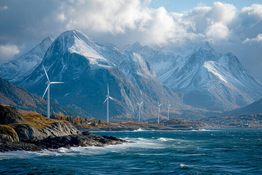 Wind turbines on northern coast with snowy mountains and blue sea under cloudy sky. Concept of renewable energy, sustainability, and clean future