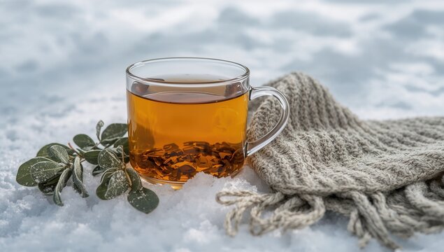 Glass cup filled with herbal tea set in a snowy outdoor scene, surrounded by sage leaves and a cozy knitted scarf, highlighting natural winter cold and flu remedies with room for text