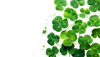 Green four-leaf clovers scattered against a black backdrop, symbol of luck